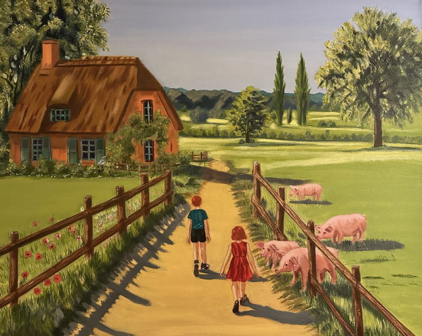 Two Children Walking to the Farmhouse — Oil on Canvas