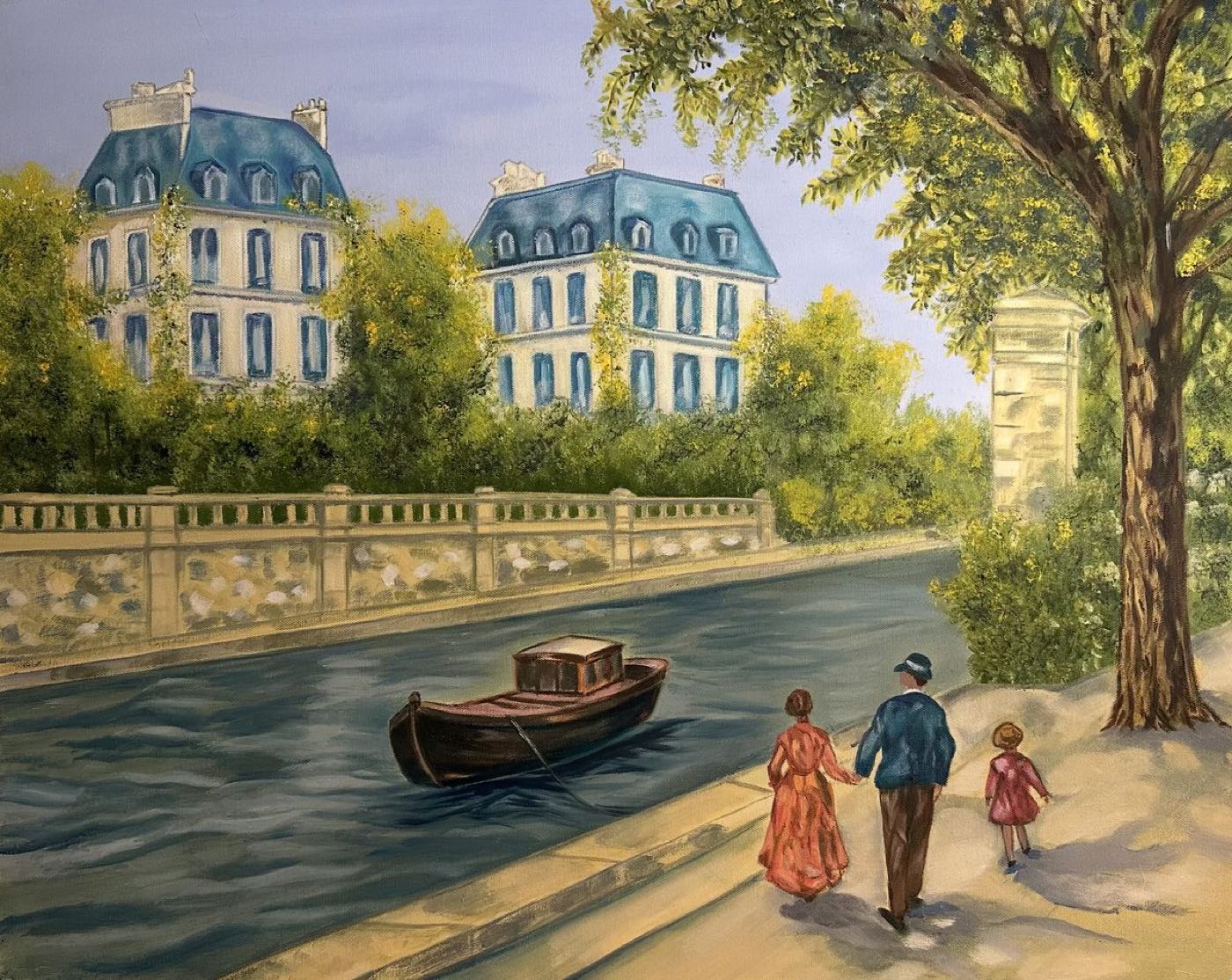 Family Walking Along a Canal — Oil on Canvas